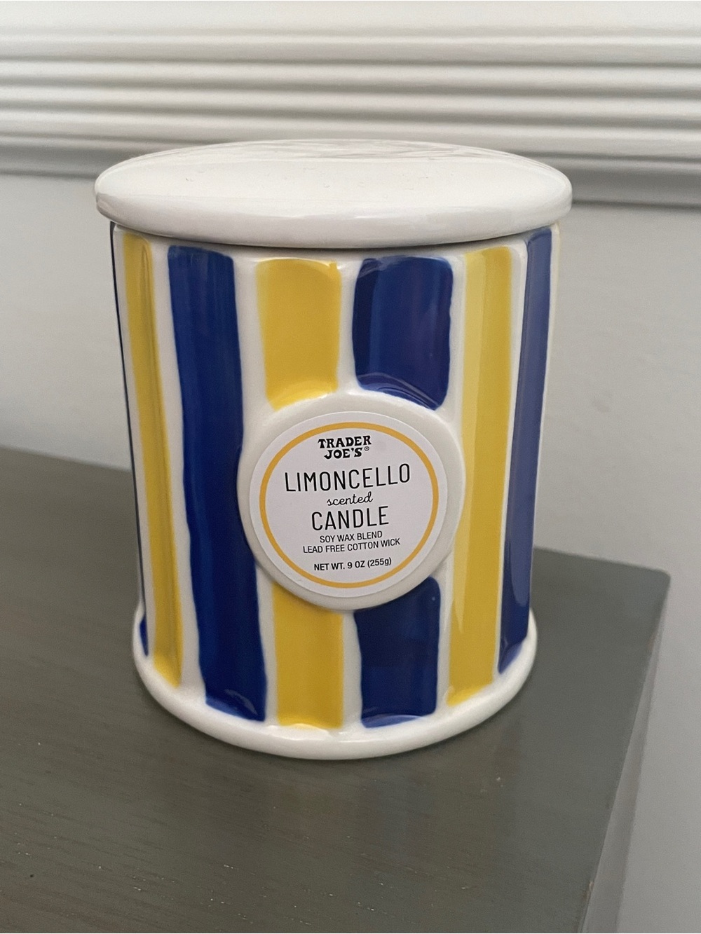 Trader Joe's Limoncello Scented Candle - Yellow & Blue Stripe Ceramic Jar